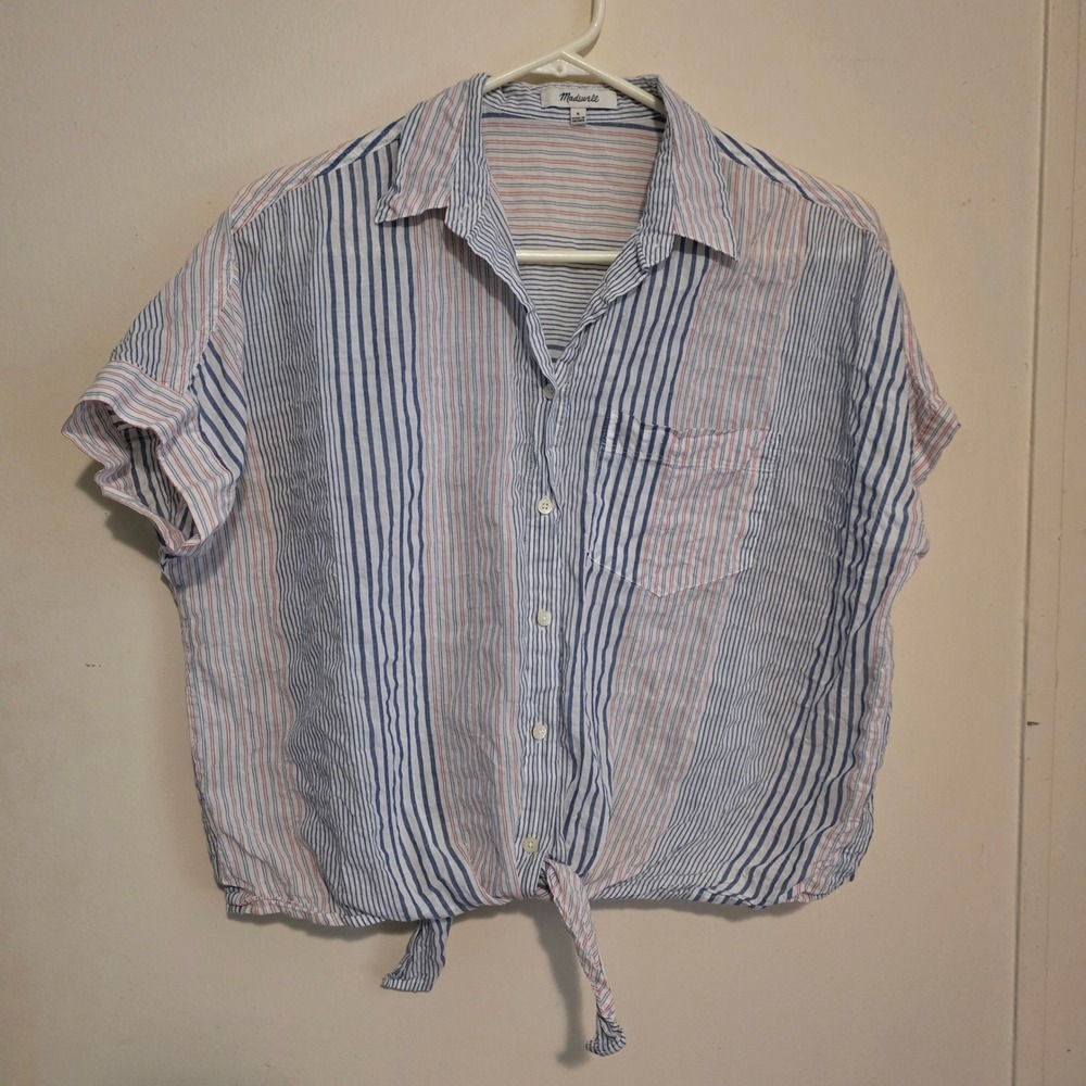 Madewell Womens Striped Beachy Top Size Small Oversized Crop Tie Button Coastal